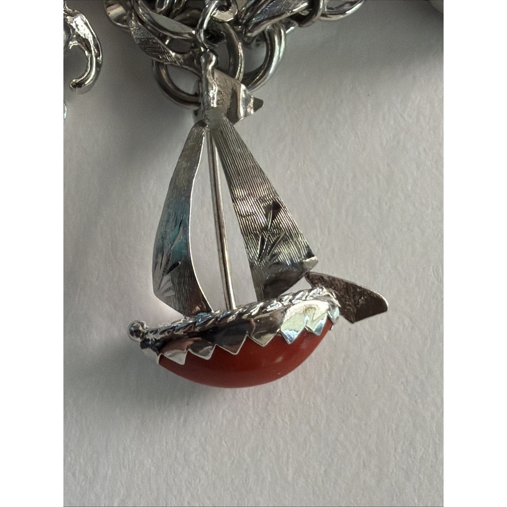 Vintage Coral  & Sterling Boat Nautical Sailboat Charm Pendant 3D